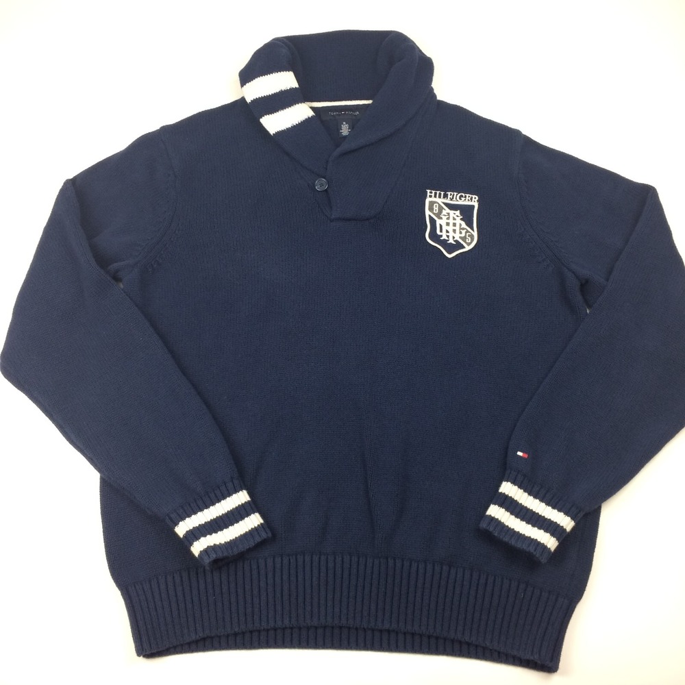 Tommy Hilfiger Sweater Mens XL Shawl Collar Crest Blue Embroidered Patch‎ Logo